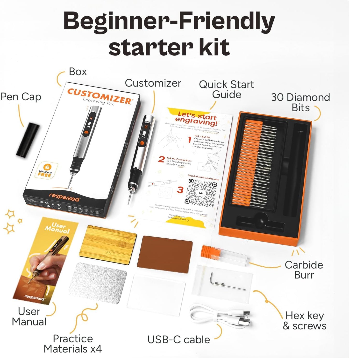 Customizer Engraving Pen :  Beginner Friendly - Rechargeable - Free 30 Bits & Mastery Guide